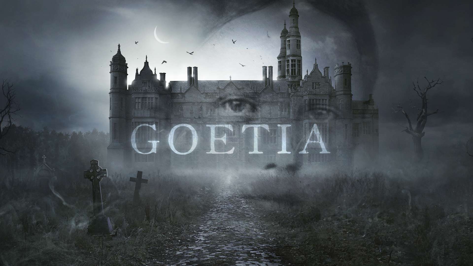 Goetia Display Art with a hazy image of a child and castle on the background
